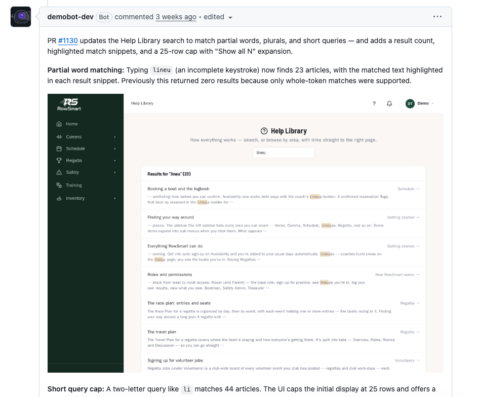 A DemoBot comment on a GitHub pull request summarizing Help Library search improvements, with a screenshot of the running app showing highlighted search results for the partial query 'lineu'.